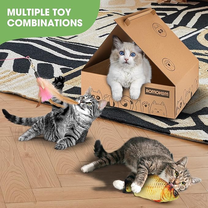 4PCS 2 Corrugated Cat Scratcher Lounge Bowl,1 Scratching Pad Cardboard with House,1 Brush, Oval Cat Bed for 2 Cats, Scratch Board for Cats, Cute Round Cat Lounger Scratcher for Furniture Protection