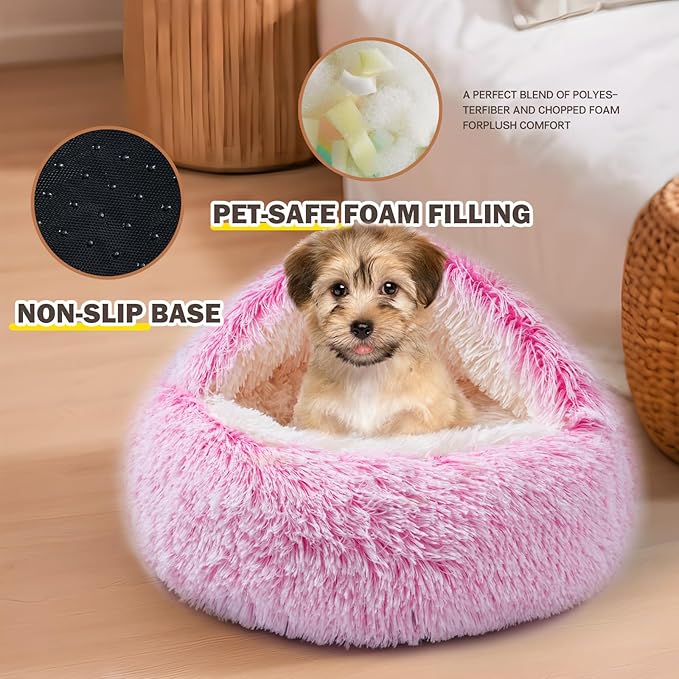 Cat Bed Calming Cat Beds,Indoor Washable Cat Bed,Anti-Slip Faux Fur Fluffy Cuddler Anxiety Cat Bed,Warming Cuddler Cushion Bed for Small Medium Dogs and Cats (Gradient Pink, 24 * 24inch)