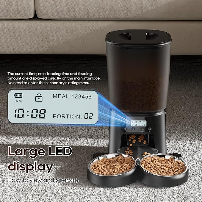 Automatic Cat Feeder,6L Timed Cat Dry Food Dispenser,Pet Feeder up to 6 Meals per Day,10S Voice Record,Flexible Schedule Timer,Auto Pet Feeder for Cats and Small Dogs (Black, 6L)
