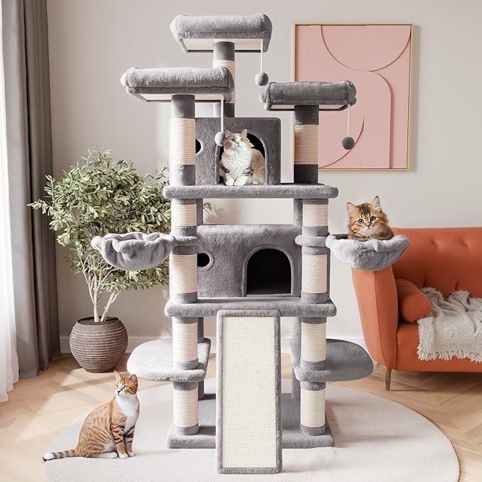 SHA CERLIN 68 Inches Multi-Level Large Cat Tree for Large Kitties/Big Cat Tower with Condo/Cozy Plush Pussycat Perches/Sisal Scratching Posts and Hammocks/Activity Center/Grey