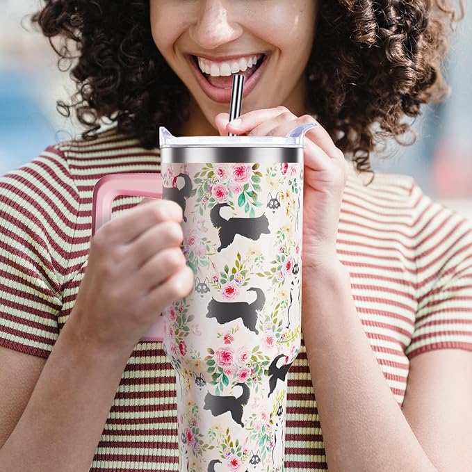Husky Gifts for Women Dog Lovers 40 oz Floral Husky Tumblers with Handle and Straw, Stainless Steel Vacuum Insulated Travel Coffee Mug Cup Water Bottle