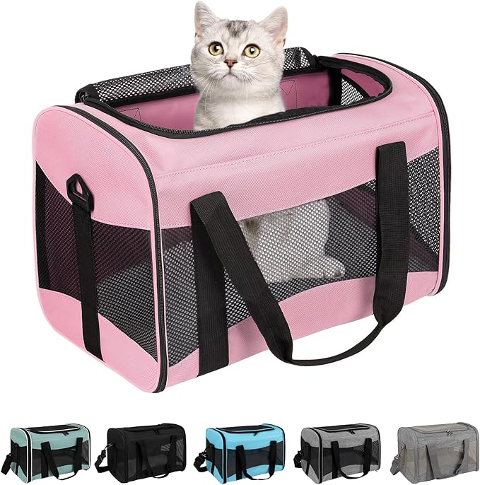 Cat Carrying Case - Pet Carrier Airline Approved, Protable and Breathable Pet Travel Carrier Removable Fleece Pad, Collapsible Cat Carrier Dog Carrier for Medium Cats Small Cats Dogs (Small, Pink)