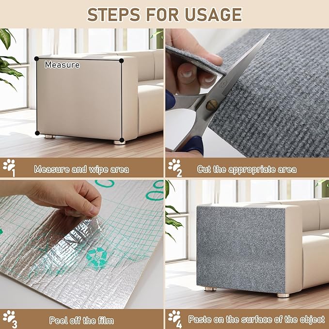 Cat Scratching Climbing Carpet Mat, Self-Adhesive Trimmable Anti Cat Scratcher Couch Furniture Protector from Cat Claws, Cat Post Covered Pad Replacement for DIY Cat Tree (Light Gray, 15.8" x 118")