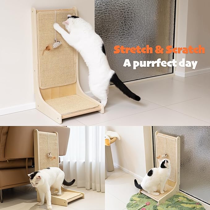 PETKARAY Sisal Cat Scratcher, Upright Cat Scratch Pad Wall Mounted, Vertical Scratching Post Alternative, L Shape Scratching Board 90°