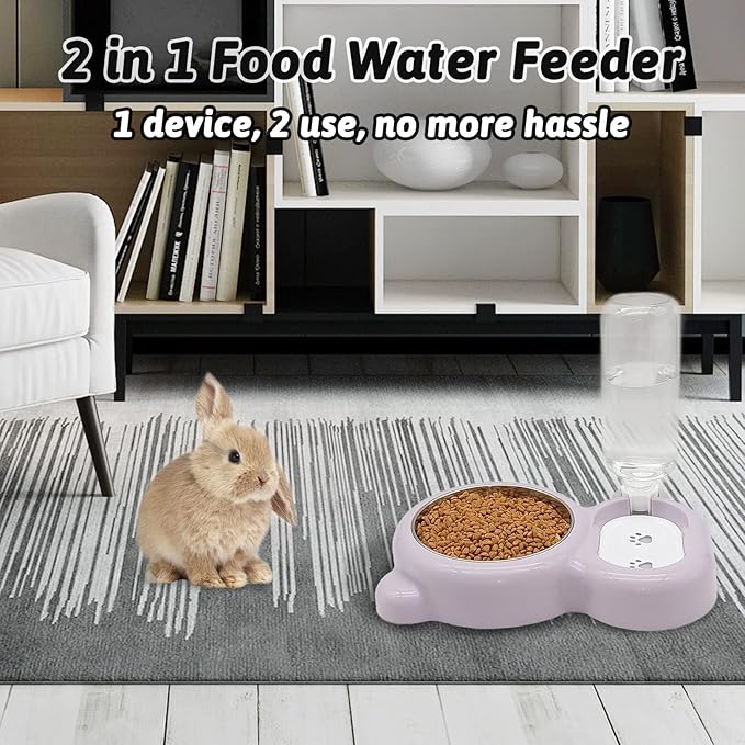 Tfwadmx Double Rabbit Bowls Cat Automatic Feeder with Gravity Water Bottle No Spill Detachable Dog Stainless Steel Bowl Set for Bunny Puppy Kitty Kitten Ferret Squirrel