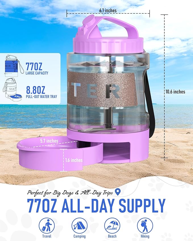 77oz Dog Travel Water Bottle, Large Portable Dog Water Bowl Dispenser, Leakproof Pet Drinking Bottle Dispenser for Hiking Camping Walking Travelling Beach Car Trips, No Spill, BPA Free,Purple
