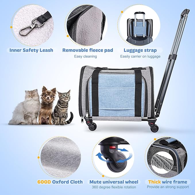 Pet Carrier with Wheels for Cat and Small Dogs: Expandable Airline Approved Rolling Cat Carrier - Cat Carrier Soft for Pets Under 25lbs Travel Plane Trip