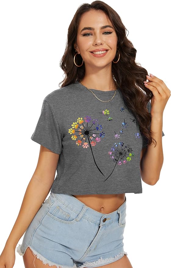 Womens Summer Crop Tops Short Sleeve Round Neck T-Shirts Loose Fit Casual Blouse