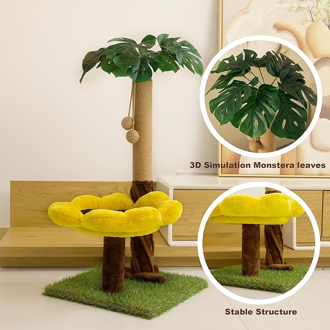 Cat Scratching Posts Cat Scratcher with Premium Sisal Rope, Sunflower Cat Platform and Danging Balls,33.86" Tall Cat Scratcher, Suitable for Large Adult cat, Kitten, and All Type of Cats