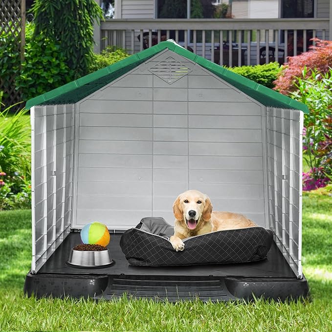 YITAHOME Large Plastic Dog House Outdoor Indoor Doghouse Puppy Shelter Water Resistant Easy Assembly Sturdy Dog Kennel with Air Vents and Elevated Floor