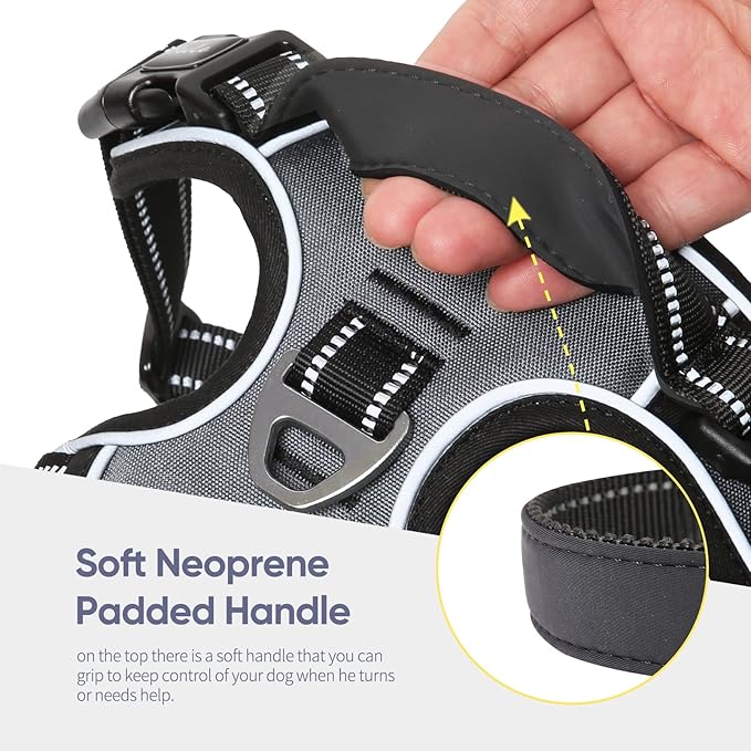 HEELE Dog Harness, No Pull Adjustable Padded Reflective Harness for Small Medium Large Dogs with Handle for Walking Training, Grey, L