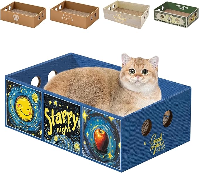 Heavy Duty Cardboard Cat Scratcher Box, Cat Bed with Double-Sided Cardboard Scratch Pad, Interactive Hole Design, Scratch Lounge Bed Suitable for Cats to Rest(Star Pattern)