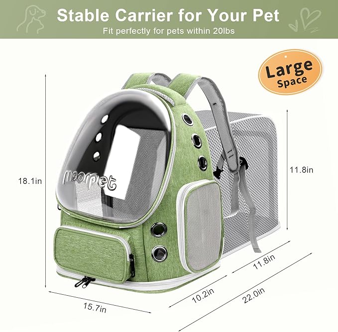 Breathable Cat Bubble Backpack Large Space Pet Carrier Backpack Expandable for Kitty Dog, Foldable Airline Approved Cat Backpack, Transparent PetTravel Backpack Up to 20 lbs (Green) (Green)
