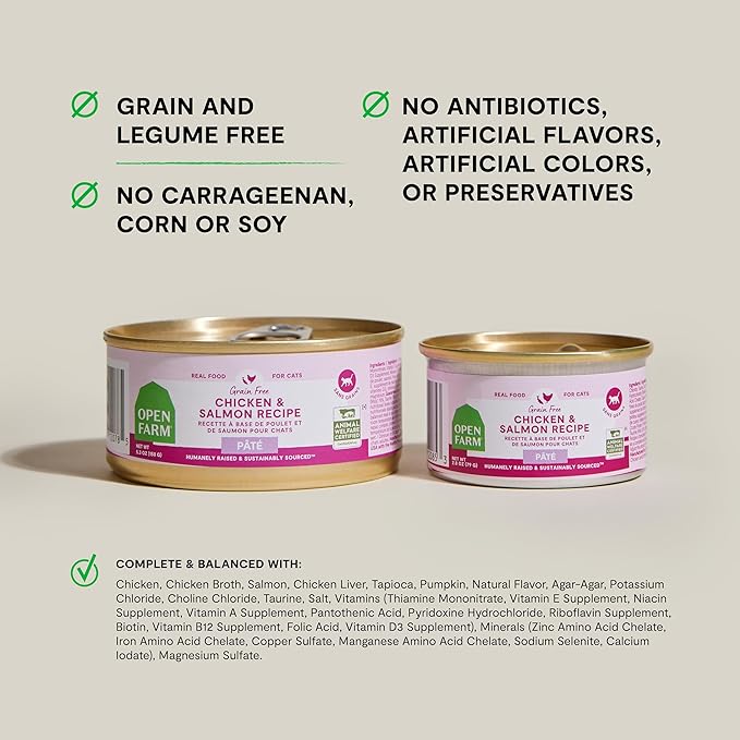 Open Farm Canned Cat Food, Paté for Complete & Balanced Nutrition, Grain-Free and Legume-Free Wet Cat Food, Chicken & Salmon Recipe, 5.3oz Cans (Case of 12)