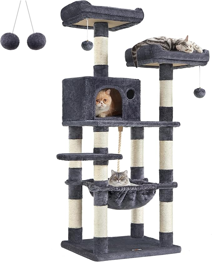 FEANDREA Cat Tree, Cat Tower for Indoor Cats, 56.3-Inch Cat Condo with Scratching Posts, Hammock, Plush Perch, Smoky Gray UPCT15GYZ