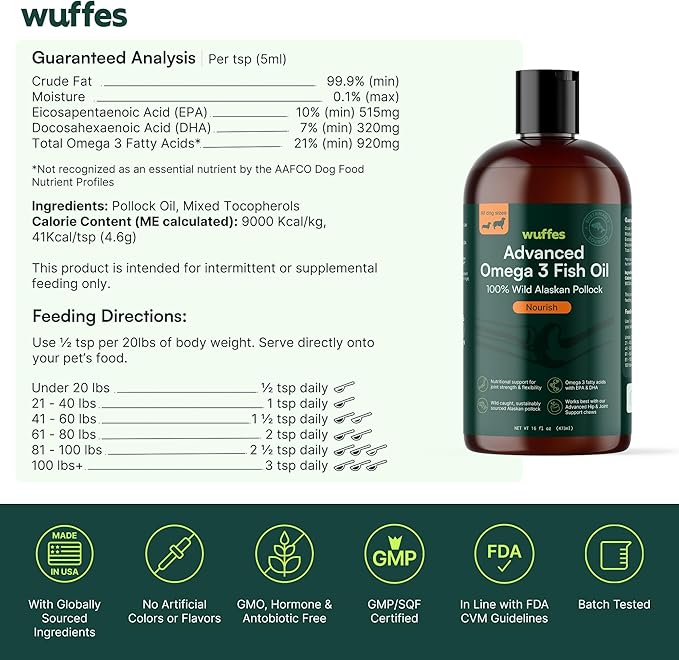 Wuffes Advanced Omega 3 Fish Oil for Dogs, Natural EPA & DHA Fatty Acids, Supports Healthy Skin and Coat, Joint Nutrition, Digestion & Immune System - 100% Pure Wild Alaskan Fish Oil - 8 Oz