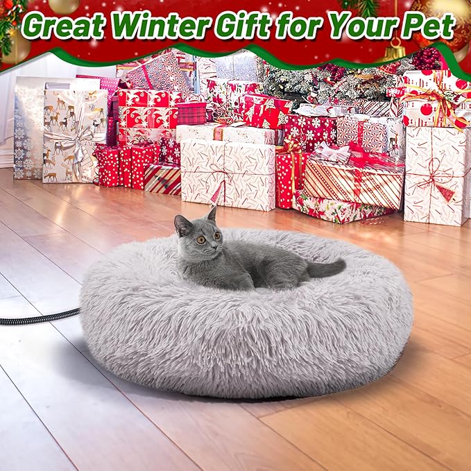 MEWTOGO 19.6in Heated Cat Bed for Indoor Cats - Soft Cozy Washable Cat Warming Bed with Cat Heating Pad, 6 Levels Adjustable Timer & Temp for Pets Up to 15lb Winter Resting and Cat Gifts