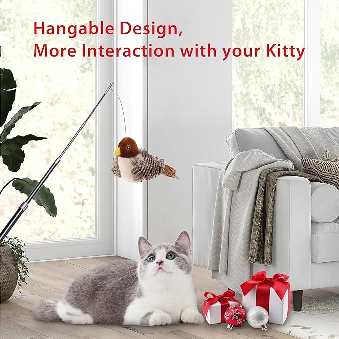 Gigwi Chirping Bird Cat Toy for Indoor Cats, Interactive Hangable Bird Cat Toy with Real Bird Sound and Feather, Automatic Bird Toy for Cats Exercise & Kicker to Self Play(No Flapping)