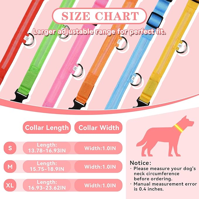 LED Light Up Dog Collar Rechargeable Waterproof, Glow in Dark Dog Collar, Lighted Dog Collars for Night Walking Charging USB, Safety for Small Medium Large Dogs (S, Pink)