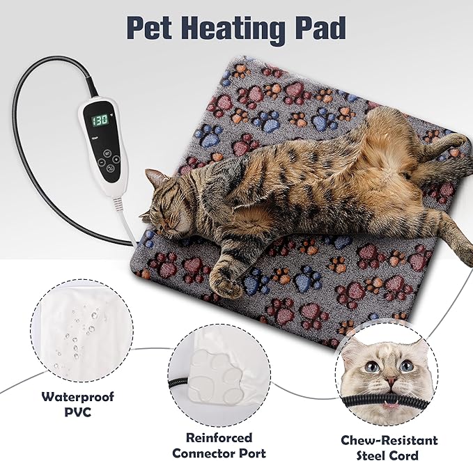 Cat Heating Pad, Waterproof Pet Heating Pad for Cat Dog Outdoor, 11 Adjustable Temperature Cat Warming Bed Mat with Timer, Indoor Heated Cat Bed with Chew Resistant Cord(S: 18'' L X 18W '')