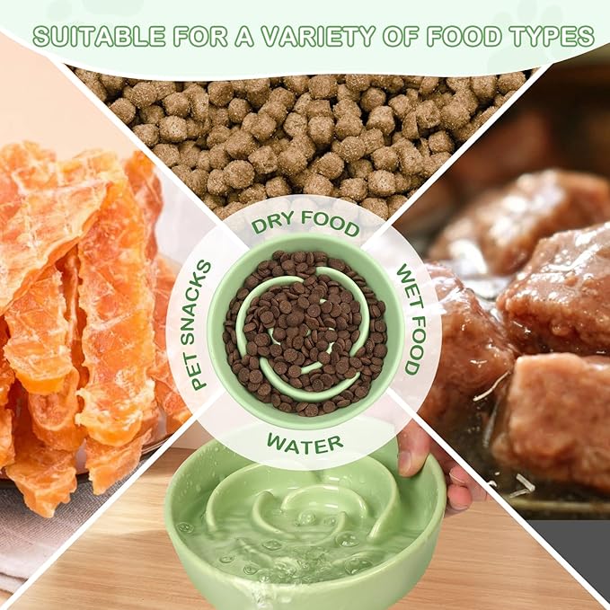 TRUVIC Ceramic Slow Feeder Dog Bowls Small Breed, 0.6 Cup Slow Feeder Cat Bowls for Fast Eaters, Ceramic Dog Food Dish no Black Chin, Puzzle Bowl for Small Dogs and Cats, Green