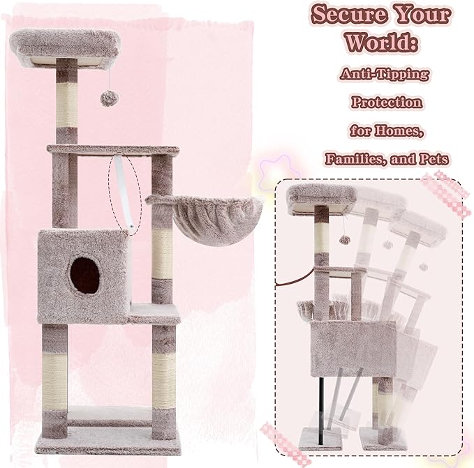 Heybly Cat Tree, 49.2 Inches Cat Tower for Indoor Cats, Spacious Cat House Condo with Hidden Space,Sturdy Steel Tube,Soft Plush Top Perch,Cozy Hammock and Sisal Scratching Posts, Muchroom HCT200SMU
