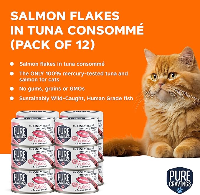 Salmon Flakes in Tuna Consommé, Canned Wet Cat Food Soup, 100% Mercury-Tested, Moist Can Fish, Grain-Free Protein, Non-GMO, 3oz, Pack of 12