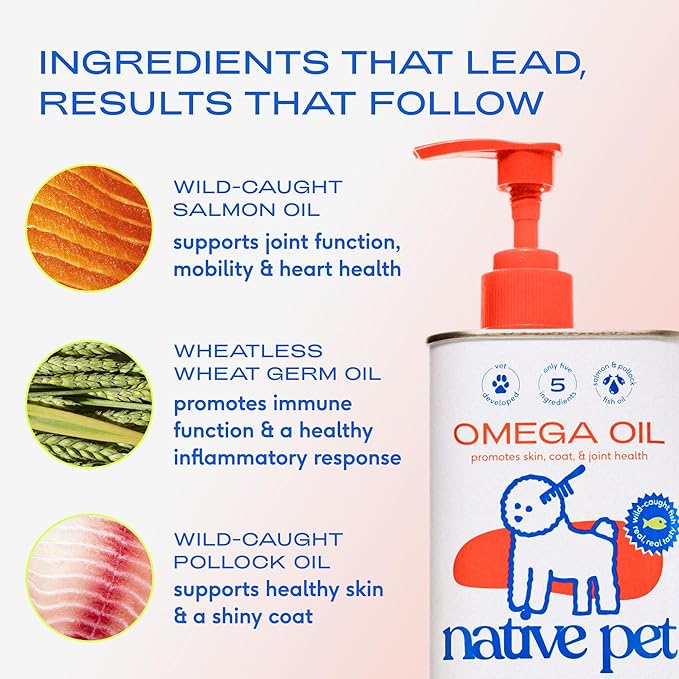 Native Pet Omega 3 Fish Oil for Dogs & Cats - Promotes Healthy Skin, Shiny Coat, & Strong Joints - Made with Wild Alaskan Salmon Oil for Dogs – Tasty, Fast-Absorbing Omega 3 6 9 Liquid Supplement-16oz