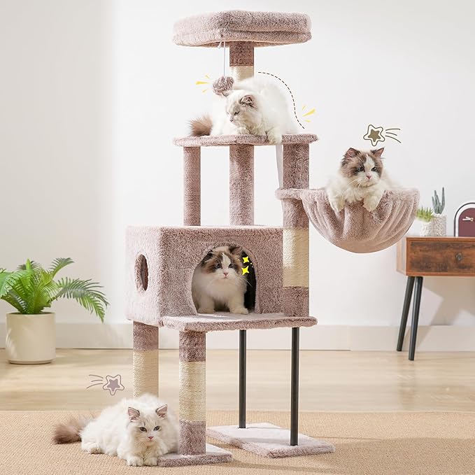 Heybly Cat Tree, 49.2 Inches Cat Tower for Indoor Cats, Spacious Cat House Condo with Hidden Space,Sturdy Steel Tube,Soft Plush Top Perch,Cozy Hammock and Sisal Scratching Posts, Muchroom HCT200SMU
