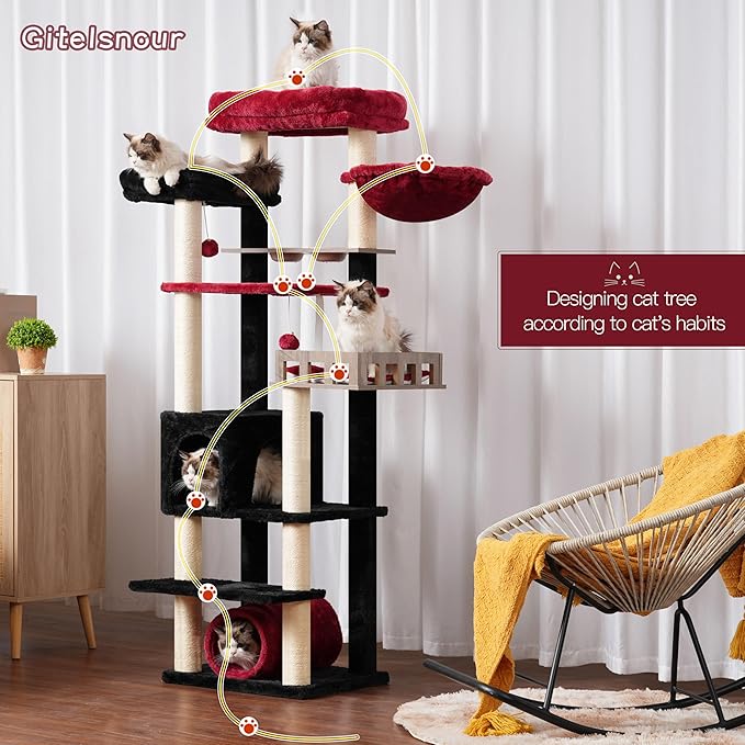 Cat Tree with Tunnel, Cat Tower for Indoor Cats, Tall Gothic Cat Tree Tower with Cat Condo, Food Station, Large Platform, Scratching Posts, Hammock, Black and Red GCT021BR