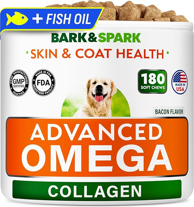 BARK&SPARK Advanced Omega-3 Collagen for Dogs - 180 Fish & Salmon Oil Treats for Dog Shedding, Skin Allergy Chews, Itch Relief, Hot Spots Treatment - Jointm Skin & Coat Supplement, EPA&DHA Fatty Acids