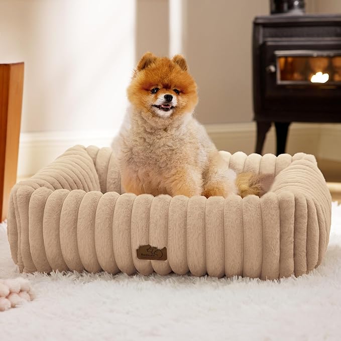 Bedsure Cute Dog Bed for Small Medium Dogs - Washable Furry Puppy Beds, Rectangle Orthopedic Corduroy Fleece Pet Beds with Removable Zipper Cover, 25x21x7inches,Sandy Tan