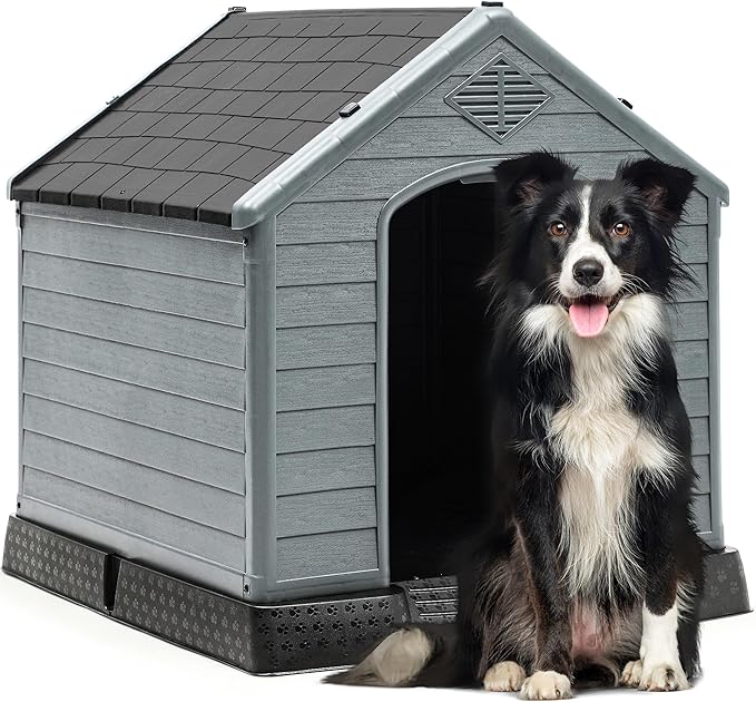 YITAHOME Large Plastic Dog House Outdoor Indoor Doghouse Puppy Shelter Water Resistant Easy Assembly Sturdy Dog Kennel with Air Vents and Elevated Floor