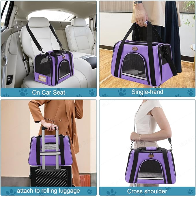 Cat Carrier Dog Carrier Pet Carriers for Medium Small Cats Dogs Puppies up to 15 Lbs,TSA Airline Approved Small Dog Cat Carriers Soft Sided,Collapsible Travel Puppy Carrier (Purple, Large)