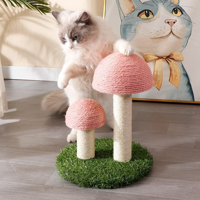 Cat Scratching Post - Mushroom Cat Scratcher Featuring with Natural Sisal Caps Scratch Pole and Sturdy Base for Kittens & Small Cats - Pink
