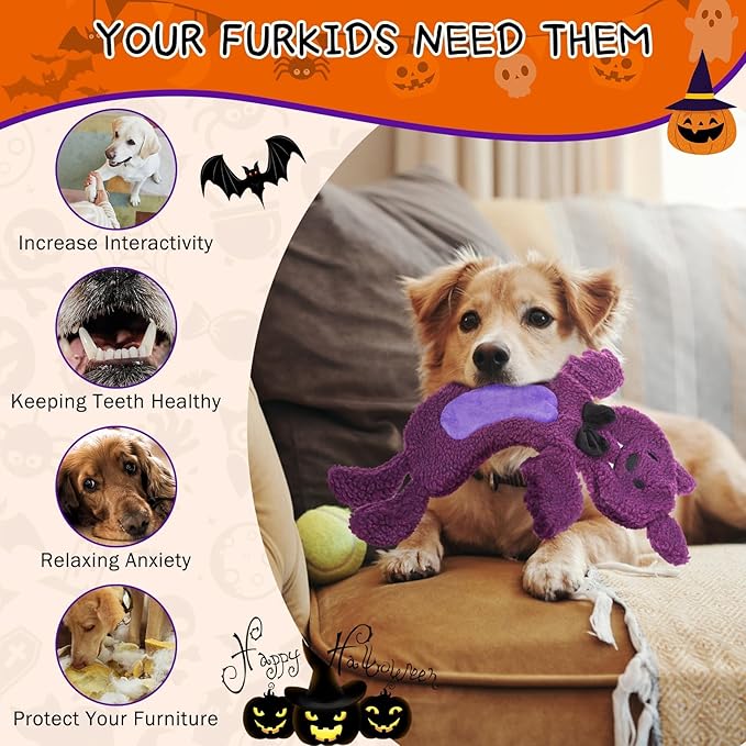 SCENEREAL Stuffless Halloween Dog Squeaky Toys for Small Medium Dogs, Crinkle Puppy Chew Toy, 3 Pack Cute Animals Shape Soft Pet Plush Teething Toys(Skeleton & Pumpkin & Bat)