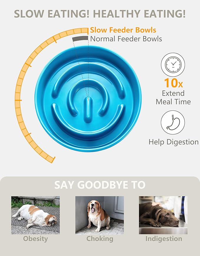 Ceramic Slow Feeder Dog Bowls Elevated, 2.0 Cups Slow Feeder for Medium and Large Dogs, Puzzle Maze Bowl to Slow Down Eating, 30oz, 8in, Blue