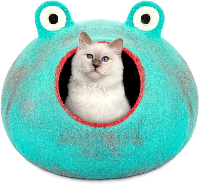 Luxurious Eco-Friendly Merino Wool Cat Cave Frog - Foldable Hideaway Pod for Indoor Cats - Premium Felt Kitten Beds - Covered Cat House for Ultimate Cozy Comfort by Woolygon