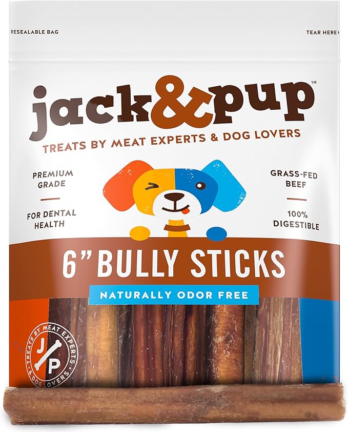 Jack&Pup 6 Inch Bully Sticks for Medium Dogs | Thick Odor Free Bully Sticks for Large Dogs | All Natural Beef Pizzle Sticks (Thick, 15 Pack)