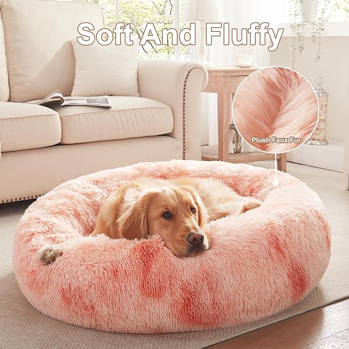 36 inches Donut Dog Bed for Large Dogs - Calming Fluffy Round Pet Bed with Removable & Washable Cover,Fits up to 100 lbs Pets (Tie-dye Pink,Large)