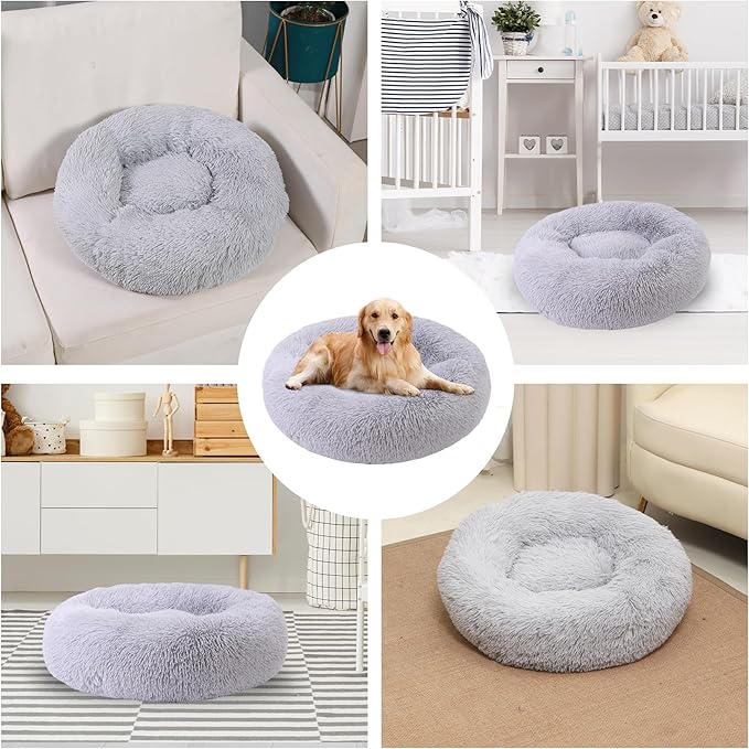 Calming Dog Bed, Dog Beds Fits up to 15 lbs Pets, Fluffy Donut Dog & Cat Bed Washable, Round Anti Anxiety Dog Bed, Small Dog Bed with Non-Slip Bottom (Light Grey, 20" x 20")