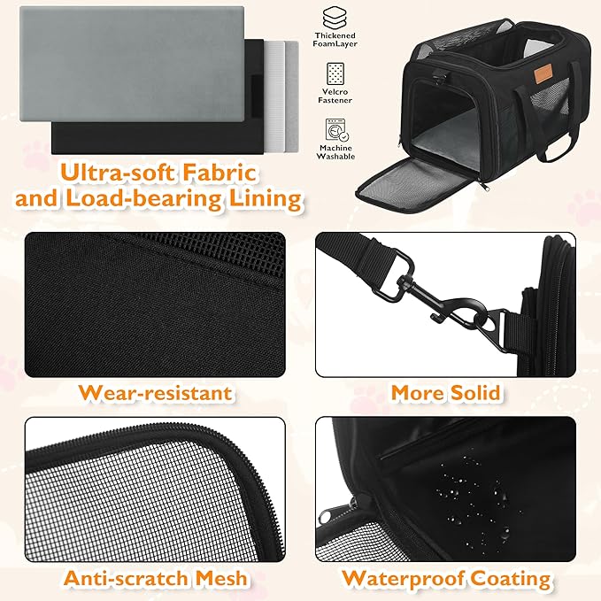 PETUX TSA Approved Pet Carrier in Cabin, 17"x11"x9.5" Soft Cat Carriers for Small Cat up to 12 lb and Puppy up to 10 lb, Top Open Portable Pet Carrier Airline Approved for Travel and Vet Visit (Black)
