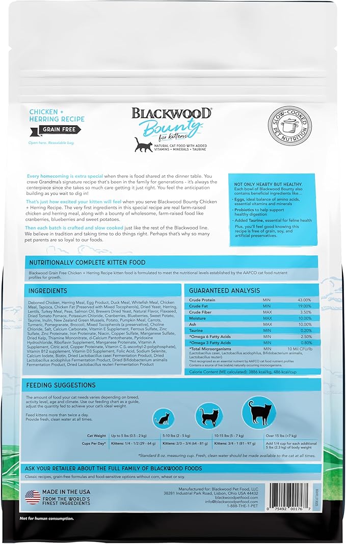 Blackwood Bounty Dry Cat Food, Kitten Formula, Chicken & Herring Recipe, 4.5 Pound Bag, High Protein, Grain Free