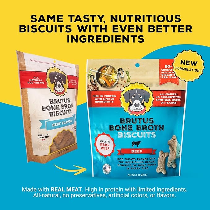 Brutus Bone Broth Biscuits (Beef) - Healthy Treats - Natural Dog Biscuits with Bone Broth and Real Beef for Healthy Joints - 18 Grams of Protein - 8 OZ (Pack of 6)