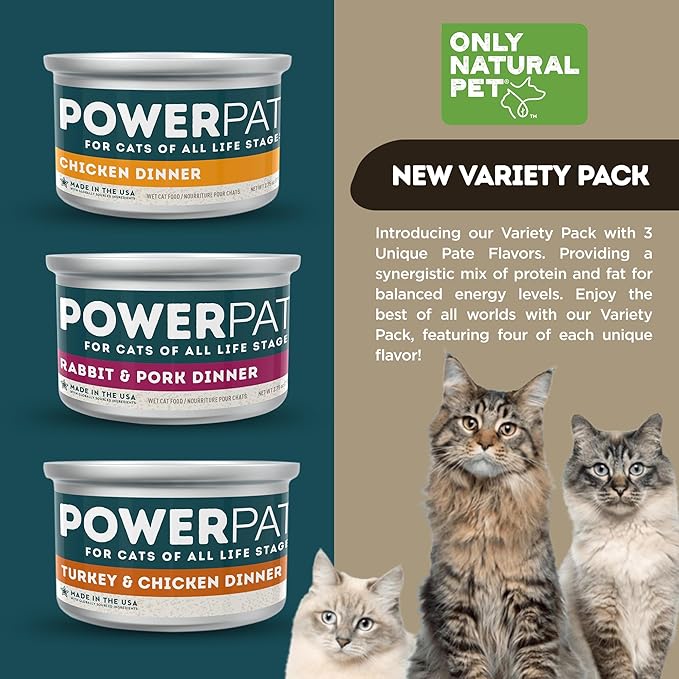 Only Natural Pet PowerPate Grain-Free Wet Cat Food - High Protein, Limited Ingredient Pate for Wellness (Chicken & Turkey, Rabbit & Pork, Chicken Dinner) Variety Pack, 2.75 oz Cans, Case of 12 (V)