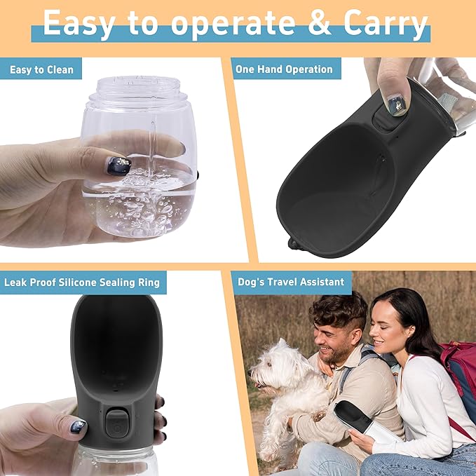 Portable Dog Water Bottle With Bowl - Travel Leak Proof Pet Accessory for Walking, Hiking and Camping (Black, 19oz)