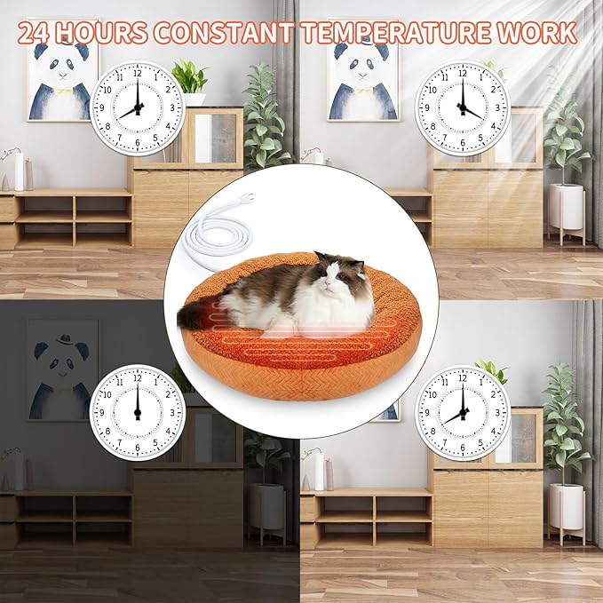 Heated Cat Beds for Indoor Cats Warming Cat Beds Super Soft Machine Washable Thermo Kitty Electric Heating Bed 19 Inches Round
