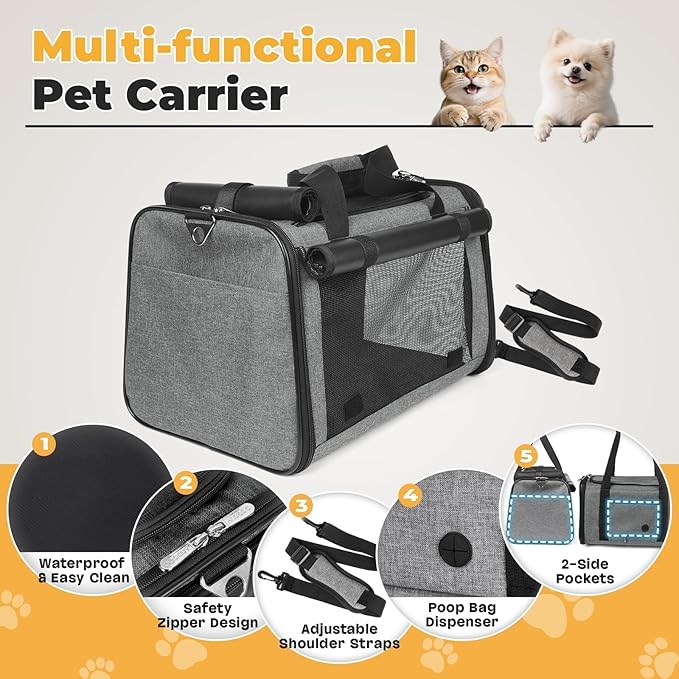 YUDODO 2 Packs 25 lbs Lightproof Soft Sided Pet Carrier for Large Cat & Small Dog Airline Approved Travel Puppy Carriers with Side Pockets & Reflective Mesh, Foldable Portable for Car Grey Green+Grey