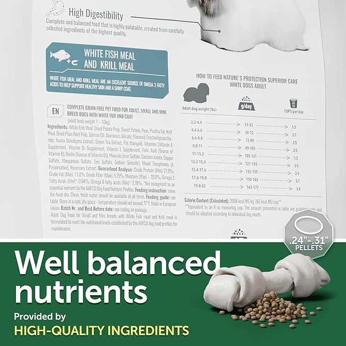 Nature's Protection Dry Dog Food for Small Breed - High Protein, Grain-Free, Anti-Tear Stain Diet for White & Light Fur Adult Dogs, Small Bites Kibble (Superior Care - White Fish, 3.3 lb)