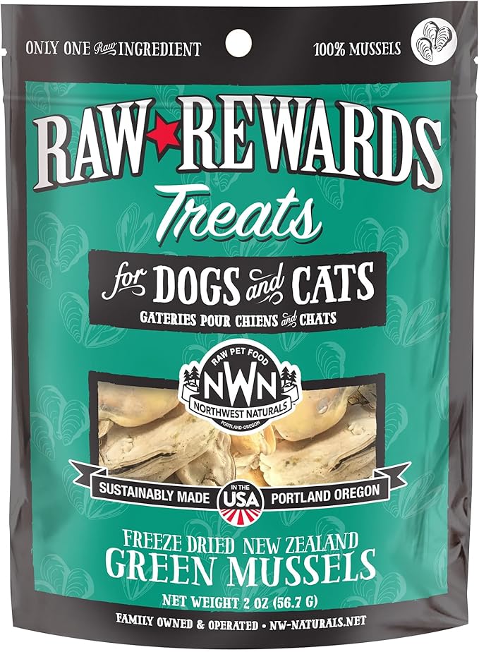 Northwest Naturals Raw Rewards Freeze-Dried Green Lipped Mussel Treats for Dogs and Cats - Bite Sized Pieces - Grain Free - 1 Ingredient - Healthy - Human Grade - All Natural - USA Made - 2 Oz